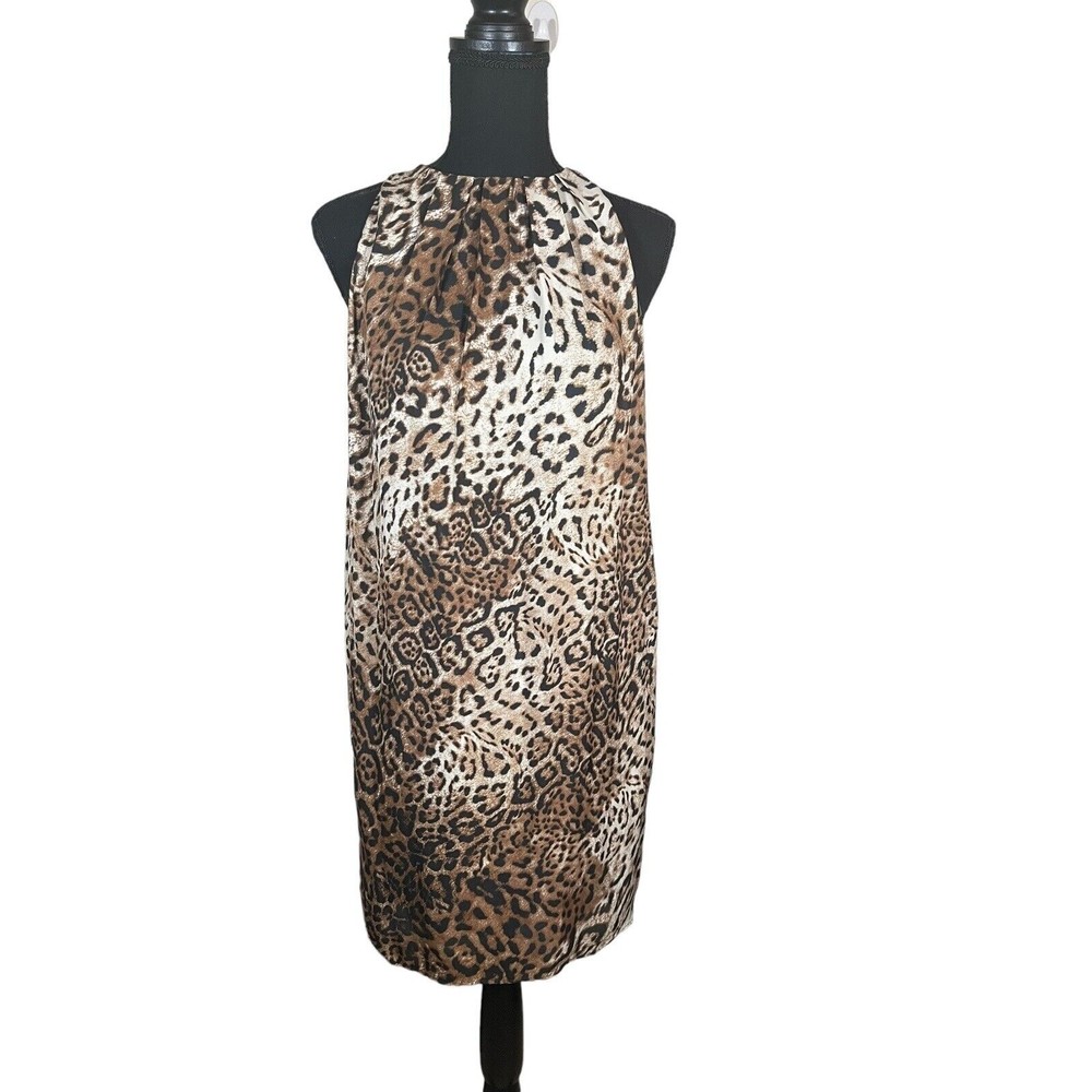 Zara Halter Dress Women Size Small Brown 100% Polyester Cheetah Print Sleeveless